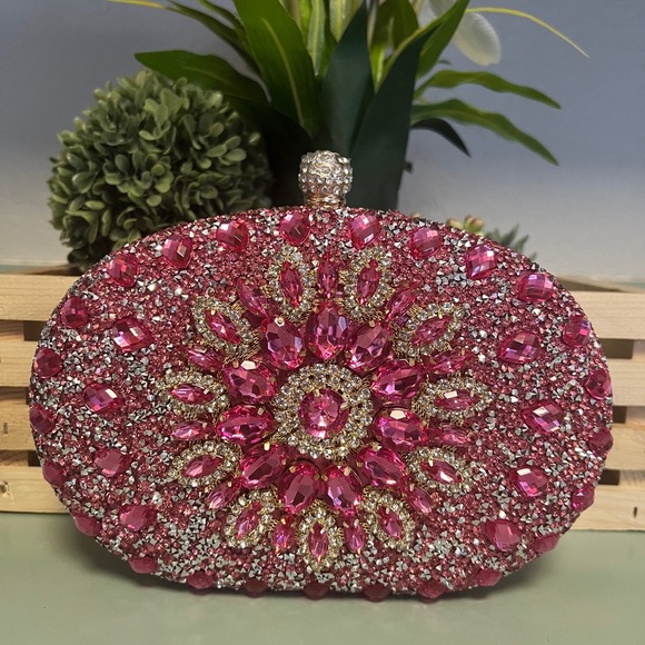 Ramla Handbags - Ramla Pink/Gold Crystal Clutch with removable strap and handle